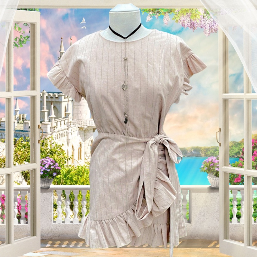 DONNEE PAR DIEU MY LADY KHAKI STRIPED RUFFLE MINI DRESS 👗💋🌸- L - NWT !